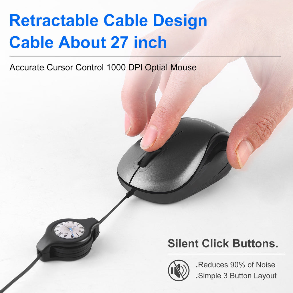 Grey and Black Portable Mini USB Mouse with Retractable Cable - Compact Travel Mouse for PC and Laptop