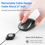 Grey and Black Portable Mini USB Mouse with Retractable Cable - Compact Travel Mouse for PC and Laptop