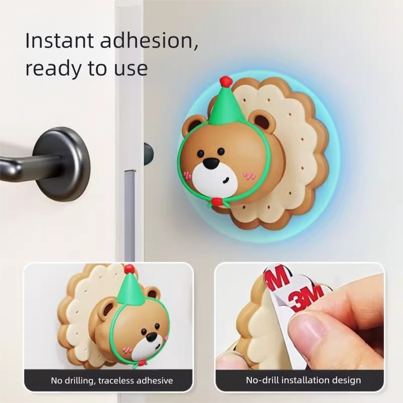 3 Pcs (Pink + Brown + Yellow) Adorable Bear Wall Protector - Multi-Use Self-Adhesive Door Stopper Bumper