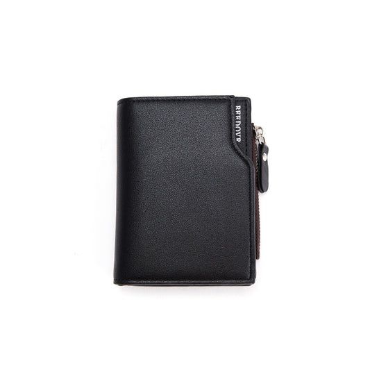 Black Men's Slim Vertical Bifold Wallet - PU Leather Card Holder with Zipper Coin Pocket and ID Window