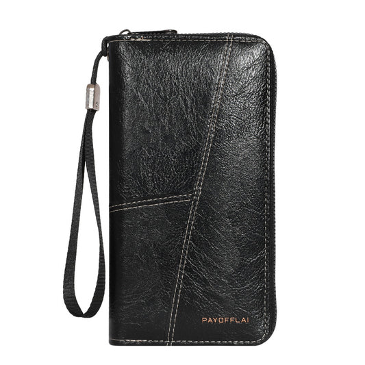 Black Men's Long Zipper Wallet Clutch - PU Leather Wristlet with Phone and Card Slots