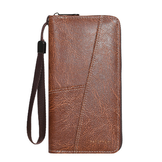 Brown Men's Long Zipper Wallet Clutch - PU Leather Wristlet with Phone and Card Slots