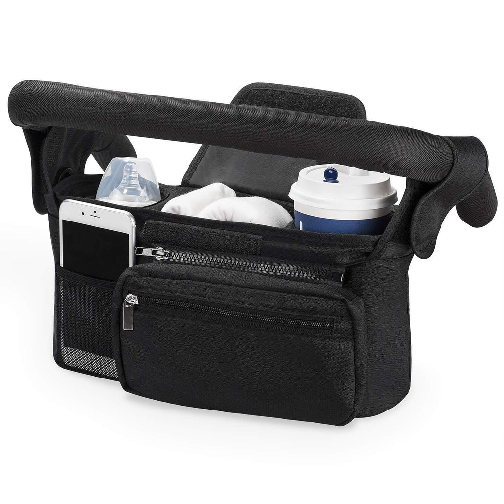 Black Universal Stroller Organiser Caddy with Insulated Cup Holders and Detachable Wristlet