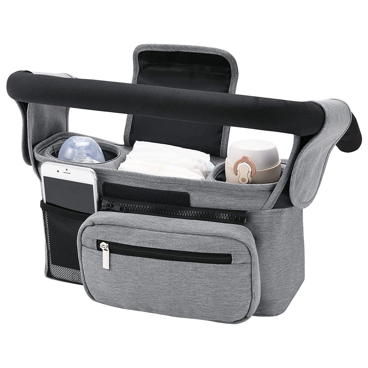 Grey Universal Stroller Organiser Caddy with Insulated Cup Holders and Detachable Wristlet