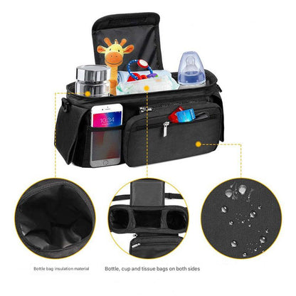 Blue Universal Stroller Organiser Caddy with Insulated Cup Holders and Detachable Wristlet