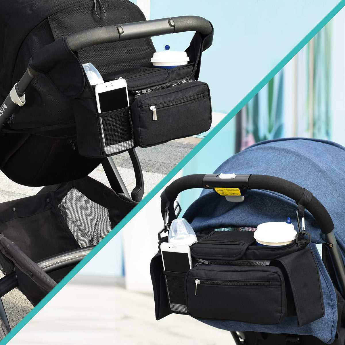 Blue Universal Stroller Organiser Caddy with Insulated Cup Holders and Detachable Wristlet