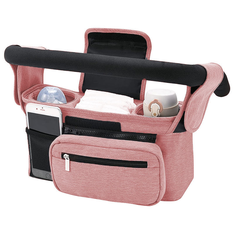 Pink Universal Stroller Organiser Caddy with Insulated Cup Holders and Detachable Wristlet