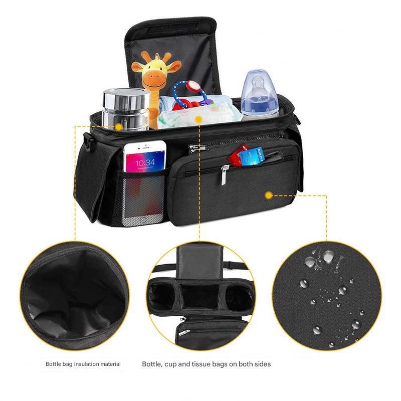 Pink Universal Stroller Organiser Caddy with Insulated Cup Holders and Detachable Wristlet