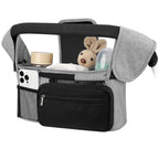 Grey and Black Stitching Universal Stroller Organiser Caddy with Insulated Cup Holders and Detachable Wristlet