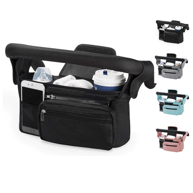 Black and Pink Stitching Universal Stroller Organiser Caddy with Insulated Cup Holders and Detachable Wristlet