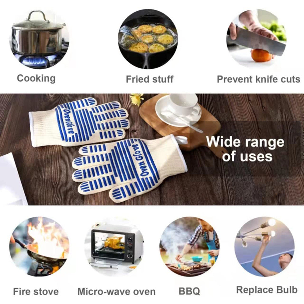 Blue and White Extreme Heat Resistant BBQ Gloves - Cut-Resistant Oven Mitts with Non-Slip Silicone Grip