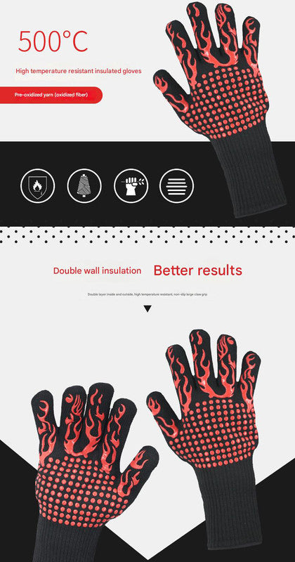 Black Flame Pattern Extreme Heat Resistant BBQ Gloves - 500°C Flame Design Oven Gloves with Non-Slip Silicone Grip