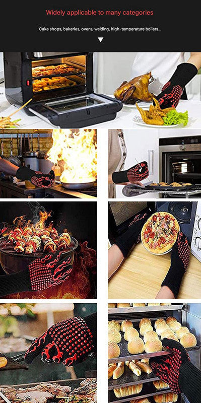 Black Flame Pattern Extreme Heat Resistant BBQ Gloves - 500°C Flame Design Oven Gloves with Non-Slip Silicone Grip