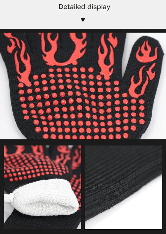 Blue Flame Pattern Extreme Heat Resistant BBQ Gloves - 500°C Flame Design Oven Gloves with Non-Slip Silicone Grip