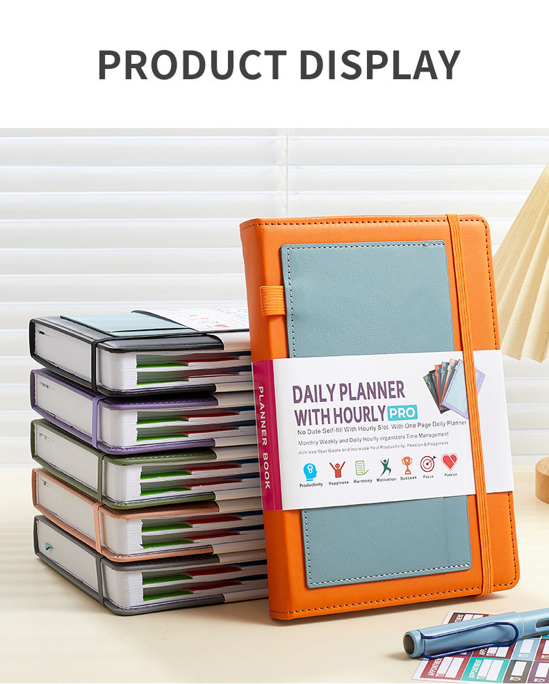 Black A5 PU Leather Agenda for Productivity & Time Management-Undated Daily & Hourly Planner Pro