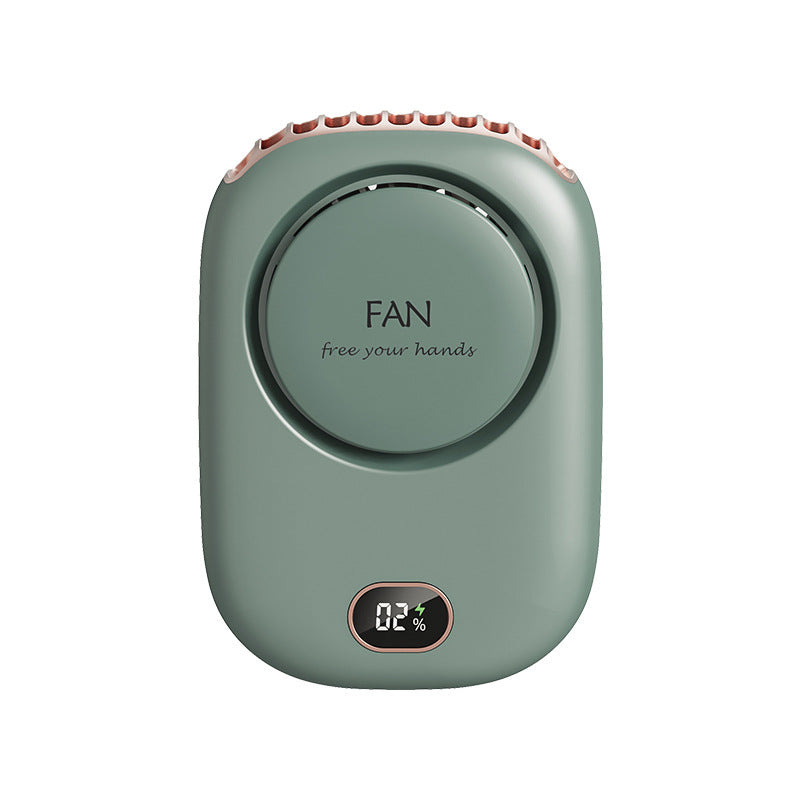 Green Portable Bladeless Neck Fan with Waist Clip & Digital Display USB Rechargeable Mini Fan