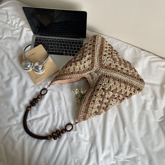 Beige and Brown Stylish Hand-Woven Paper Rope Bag – Boho Crochet Tote for Summer & Travel