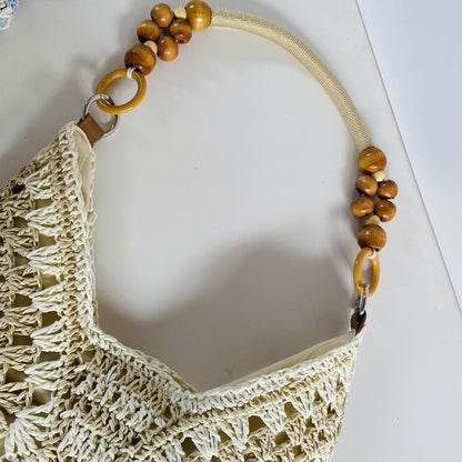 White and Beige Stylish Hand-Woven Paper Rope Bag – Boho Crochet Tote for Summer & Travel