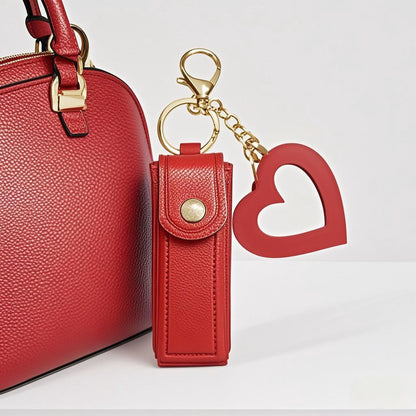 Pink Portable Lipstick Case with Heart Mirror & Keychain – Cute PU Leather Holder (3-Pack)