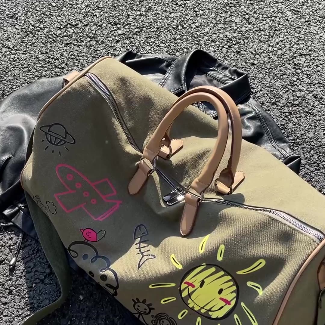 Large Capacity Canvas Travel Duffel Bag with Doodle Print - Weekend & Gym Tote(black)