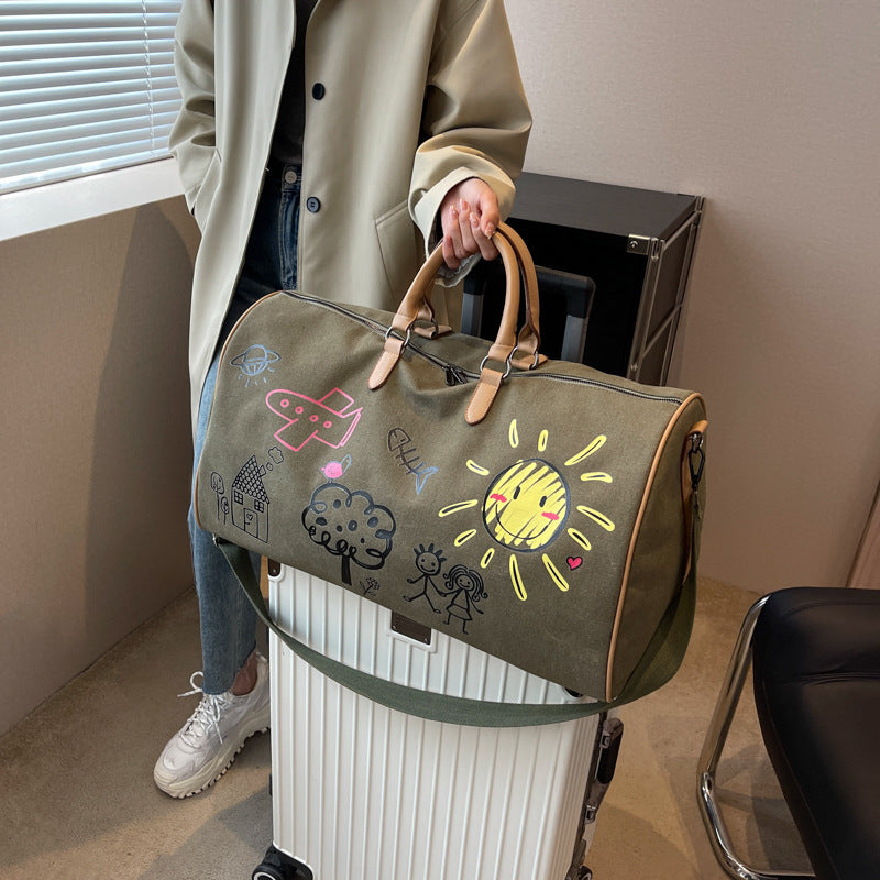 Large Capacity Canvas Travel Duffel Bag with Doodle Print - Weekend & Gym Tote(black)