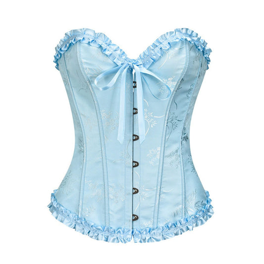 XL Blue Women's Floral Lace Overbust Corset - Waist Cincher Bustier Top for Shapewear & Costume