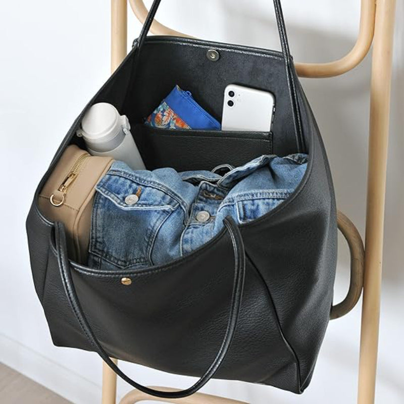 Beige Classic Oversized Tote Bag - Soft Faux Leather Shoulder Purse for Work, Travel & Everyday Use