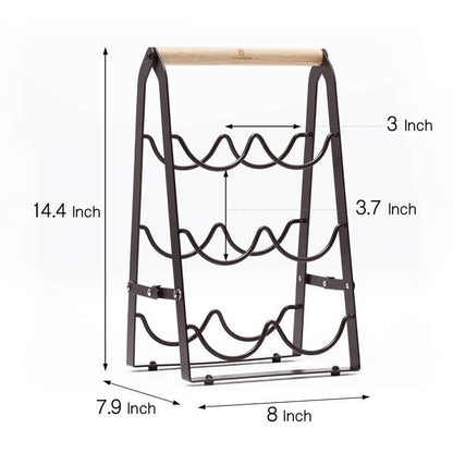 Rustic 6-Bottle Foldable Wine Rack - Metal Countertop Holder with Wooden Handle