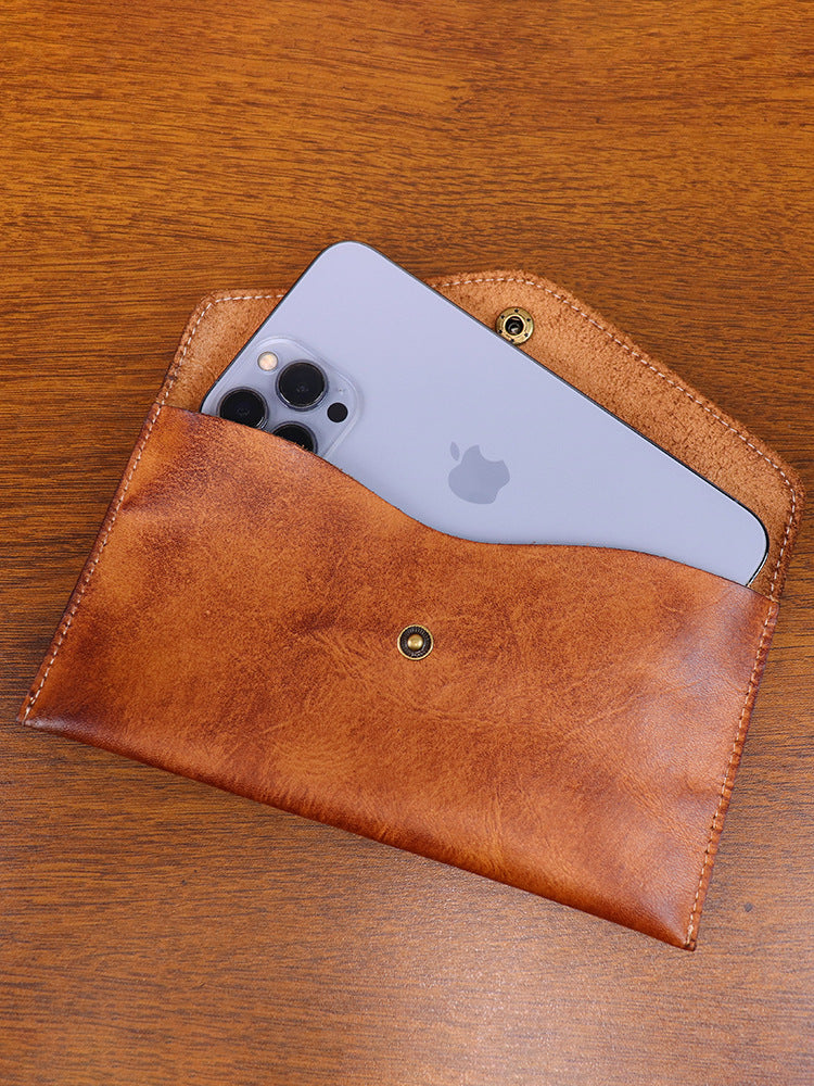 Coffee Vintage Japanese Style Full-Grain Leather Phone Wallet - Slim Envelope Clutch for Women