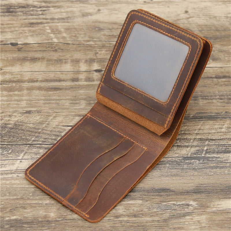 Red Brown Men's Crazy Horse Leather Wallet - Genuine Leather Bifold Card Holder, Retro Rugged Top-Grain Cowhide (11.5x2x9.5 cm, 120g)