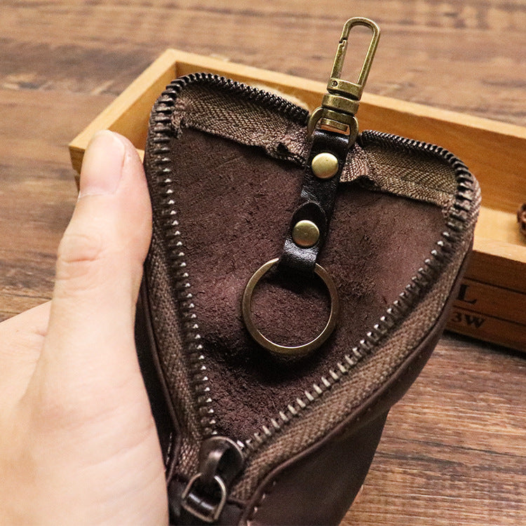 Black Vintage Top-Grain Cowhide Key Pouch - Men's Large Capacity Waist-Mounted Retro Key Holder (11x6x6 cm)