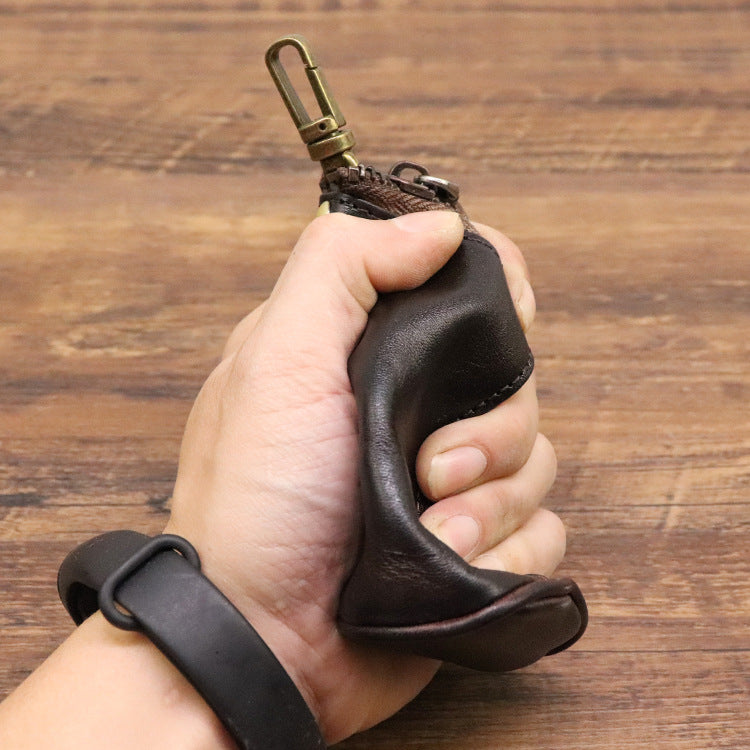 Coffee Vintage Top-Grain Cowhide Key Pouch - Men's Large Capacity Waist-Mounted Retro Key Holder (11x6x6 cm)