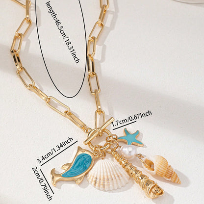 Gold Tone Paperclip Chain Toggle Necklace with Ocean Charms Dolphin Starfish and Seashell Pendant for Summer Beach Holiday