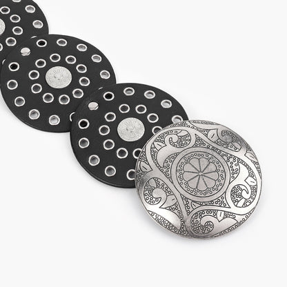Women's Y2K Vintage Style Wide Waist Belt Black Faux Leather Disc Linked Grommet Studded with Engraved Western Buckle for Jeans and Festivals