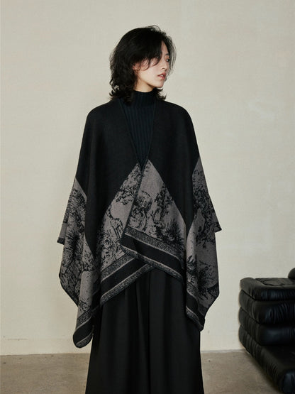 Faux Cashmere Shawl (Qingming Scroll Print) - Orange Blue, 160*135cm