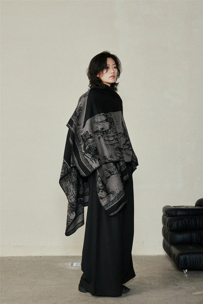 Faux Cashmere Shawl (Qingming Scroll Print) - Orange Blue, 160*135cm