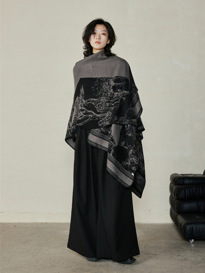 Faux Cashmere Shawl (Qingming Scroll Print) - Yellow Brown, 160*135cm