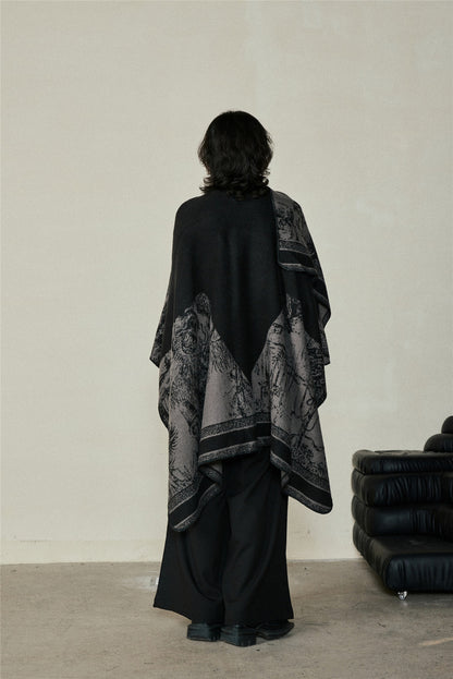Faux Cashmere Shawl (Qingming Scroll Print) - Yellow Brown, 160*135cm