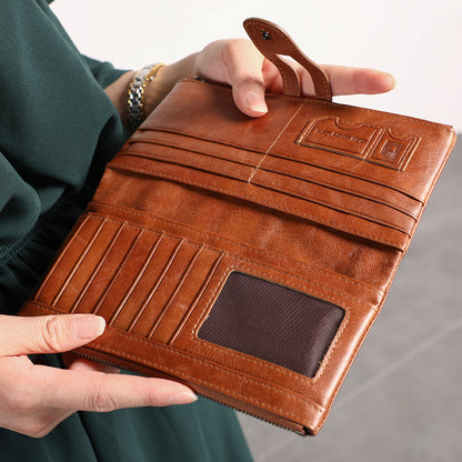 Purple Brown Premium Leather Long Wallet Clutch Organizer 19x10x3cm - 15 Card Slots