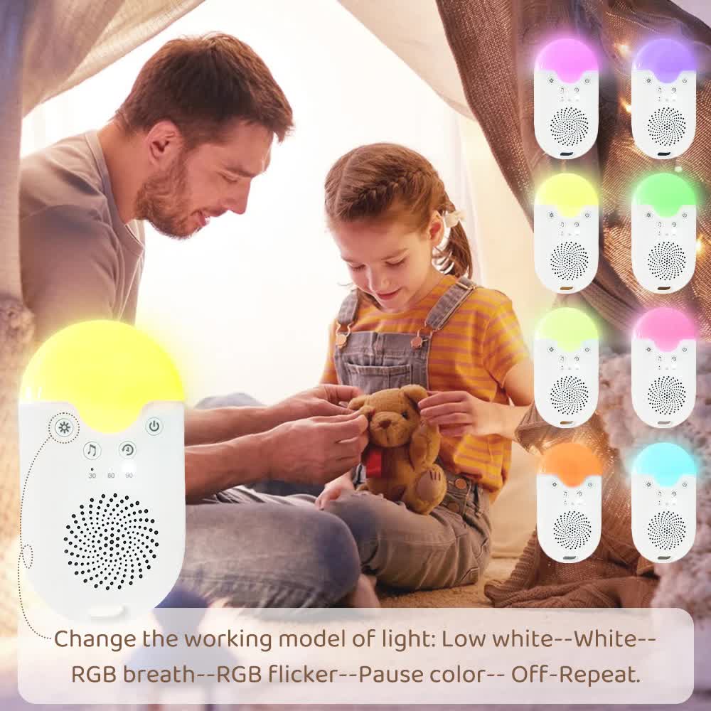 Portable Baby Sleep White Noise Machine(12.5*7*3.5 CM) With Soothing Sounds, RGB Night Light & Auto Timer - USB-C Rechargeable