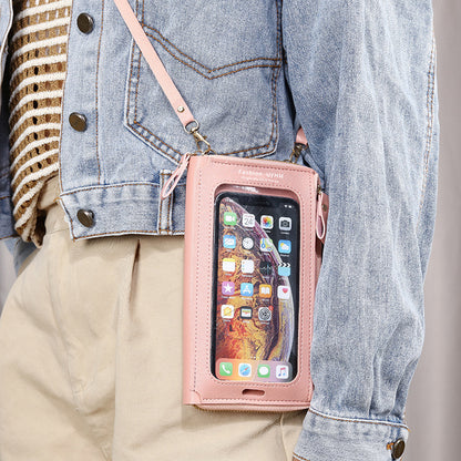 Two-Piece Pink Set Anti-Theft Touch Screen Mini Crossbody Phone Bag for Women (20x11.5x4.5cm) - Multi-functional PU Leather Wallet Pouch