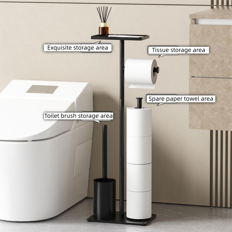 2-in-1 Freestanding Toilet Paper Holder - Thick Carbon Steel with Matte Black Finish, Storage Top and 2 * Paper Roll Holder