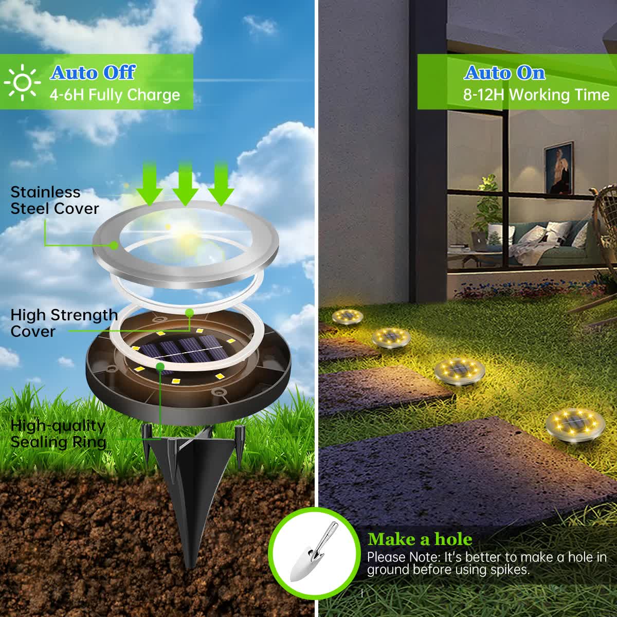 4-Pack New Solar LED In-Ground White Lights (Single 8.3x8.3x10 cm) - Stainless Steel & ABS Waterproof Outdoor Garden Pathway and Landscape Spike Lamp