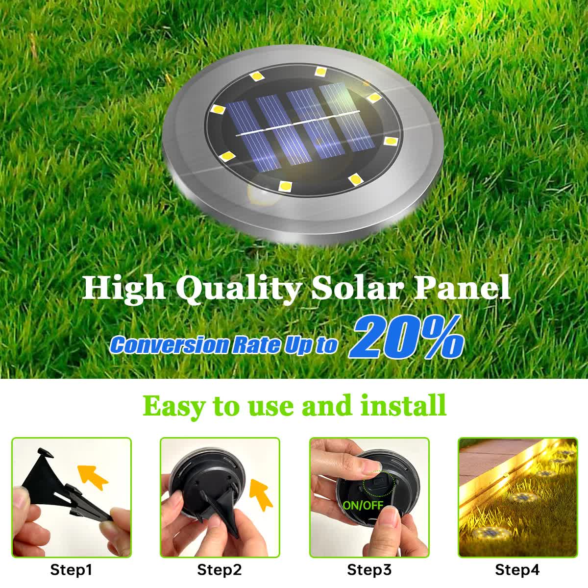 4-Pack Classic Large 8 LED Solar In-Ground White Light Set (12  x 12  x 13 cm) - Stainless Steel Waterproof Garden Spike Lamps for Lawn & Pathway