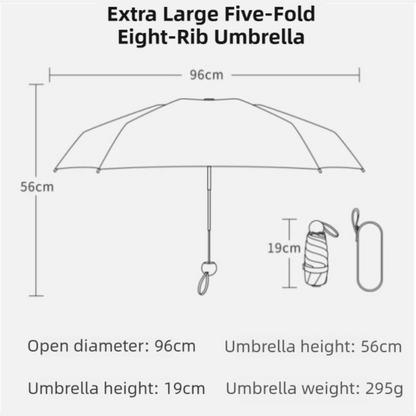 Black Ultra-Compact 5-Fold Waterproof All-Weather Umbrella for Women - Heart Pattern, Black Glue UV Protection, 8-Rib Frame,  Portable Capsule Parasol