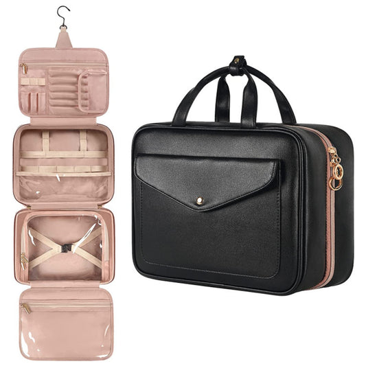 Black Portable Large Hanging Womens' Luxury PU Leather Cosmetic Bag -  Waterproof Travel Toiletry Organizer , Easy Visibility & Durable