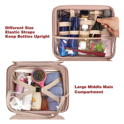 Pink Portable Large Hanging Womens' Luxury PU Leather Cosmetic Bag -  Waterproof Travel Toiletry Organizer , Easy Visibility & Durable