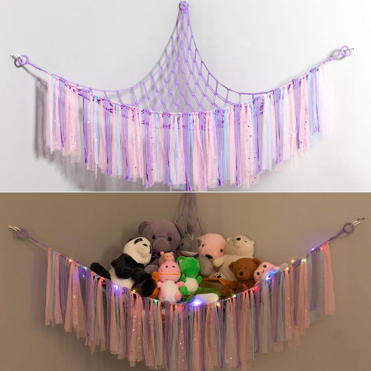 Purple Corner Plush Toy Organizer (100x100x150cm)  with Ribbon Accent & Installation Kit -  Handwoven Cotton Mesh Toy Storage Hammock