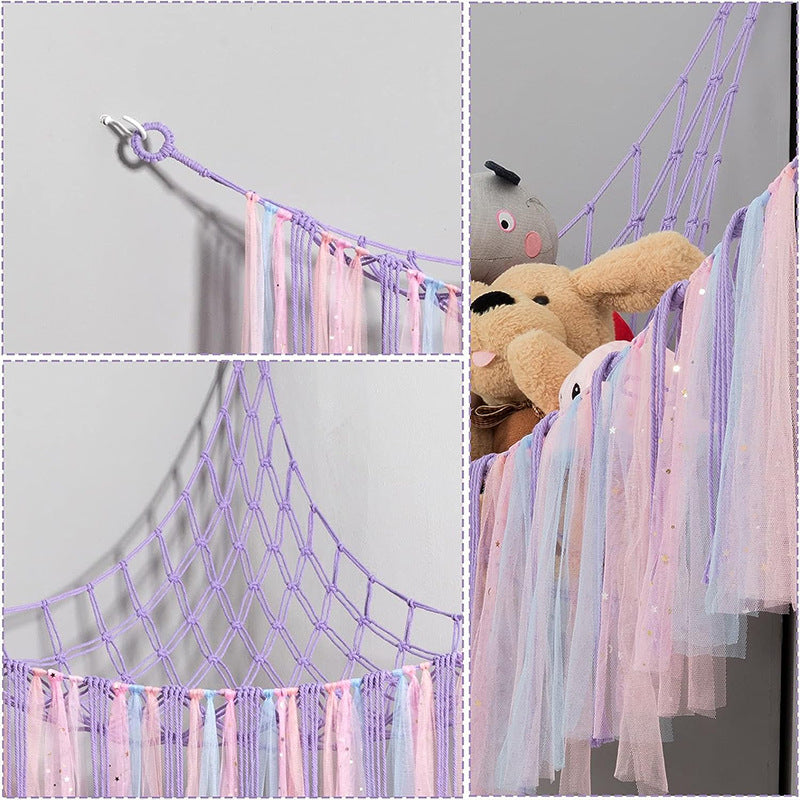 Purple Corner Plush Toy Organizer (100x100x150cm)  with Ribbon Accent & Installation Kit -  Handwoven Cotton Mesh Toy Storage Hammock