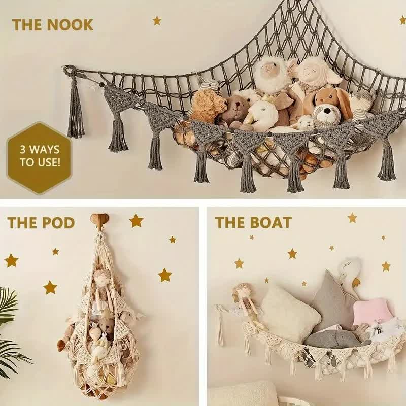 White Triangle Woven Plush Toy Corner Organizer (105x105x145cm)  with octagonal beads and installation kit - Hand-woven cotton mesh toy storage hammock